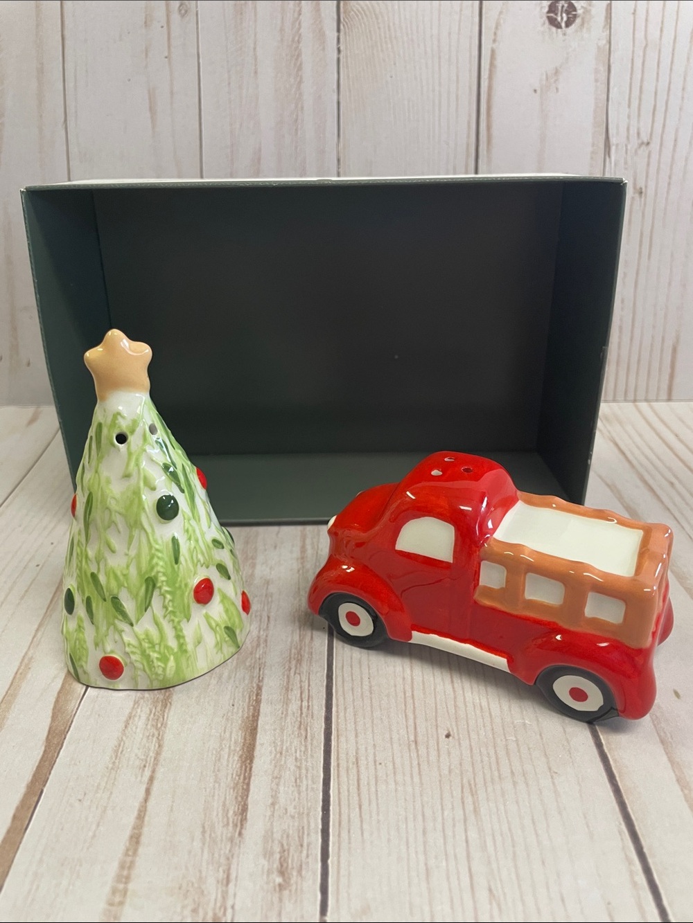 Earthenware Christmas Tree Farm Red Truck Salt & Pepper Shaker Set Threshold NEW
